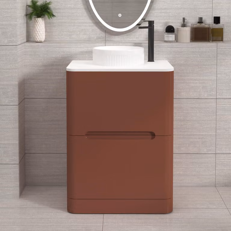 Royal Bathrooms Venice 600mm Terracotta Clay Floor Standing Vanity Unit with 2 Drawers, Plain White Worktop and Round Basin