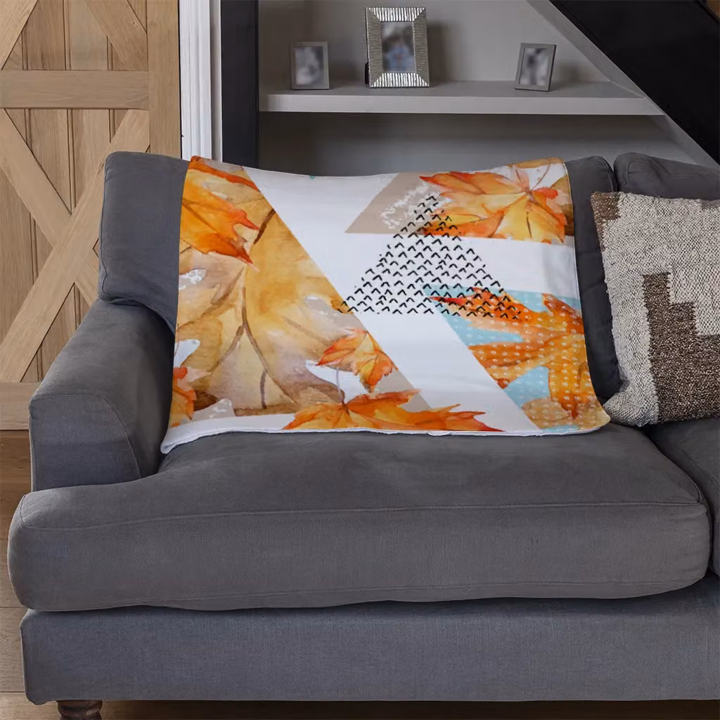 Benjamin Tate Design Autumn Geometrics With Maple Leaves Fleece Blanket in Orange, Beige and Multicolour, W/D/H: 120 x 150 cm – 3