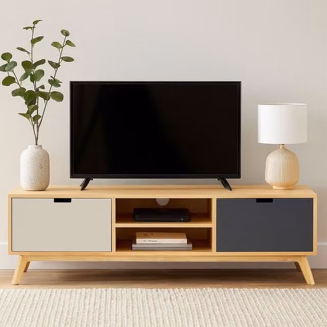 Orsina Mid-Century Modern MDF Media Unit in White, Grey and Multicolour – 1