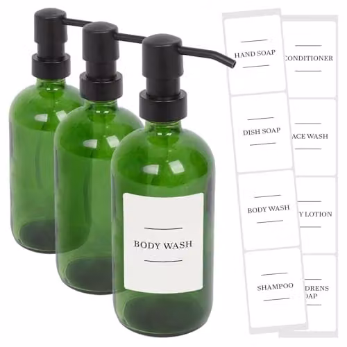 Harbour Housewares Pack of 3 Green Glass Refillable Soap Dispensers with Black Pumps and White Labels, 500ml