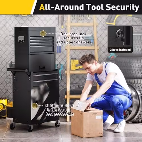 HOMCOM 3-in-1 Lockable and Rollable Steel Tool Cabinet with 6 Drawers and Pegboard, Black, W/D/H: 60.5 x 33.5 x 131.0 cm – 7