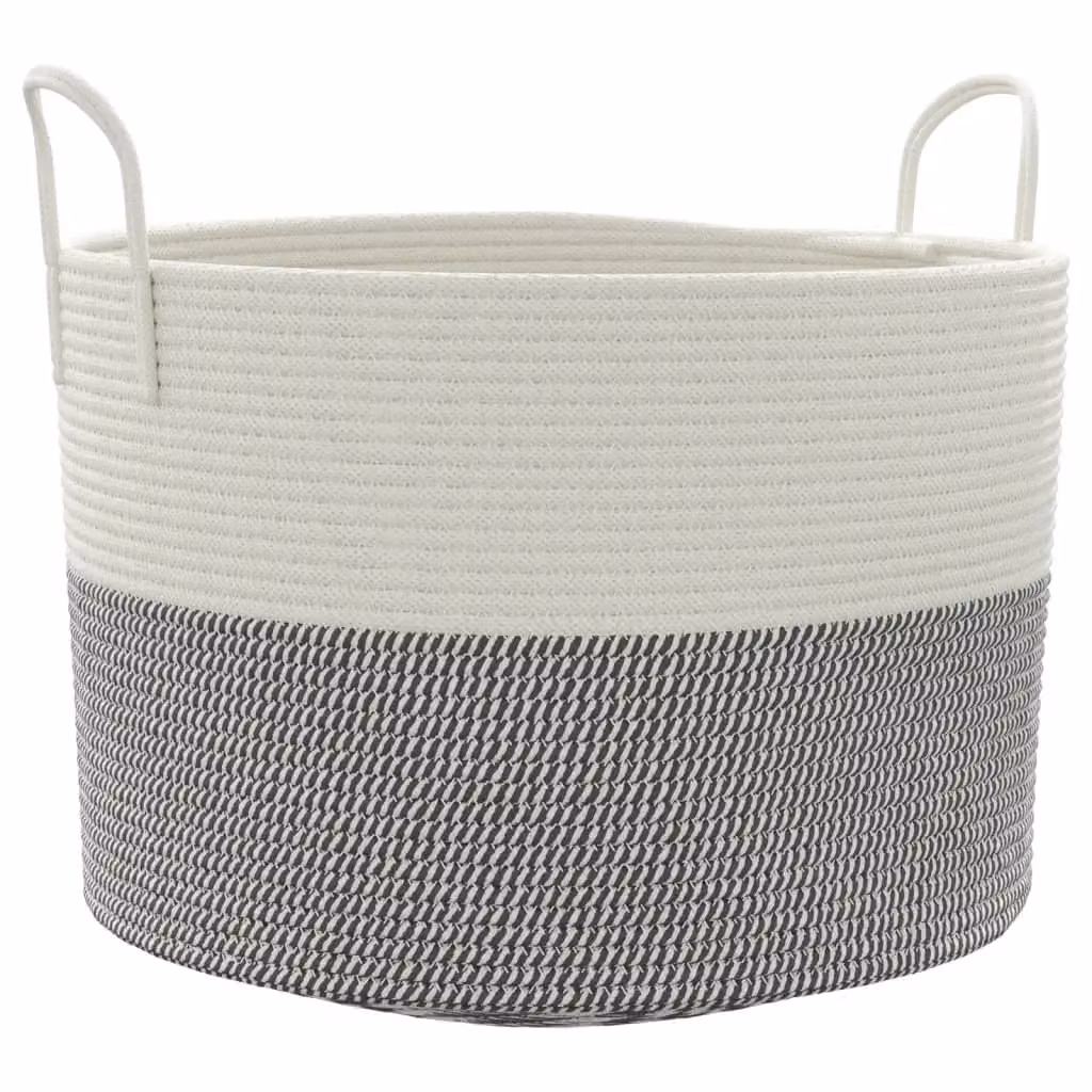 Berkfield Grey and White Open Weave Cotton Storage Basket with Handles, W: 51 cm, D: 33 cm, H: 33 cm – 2
