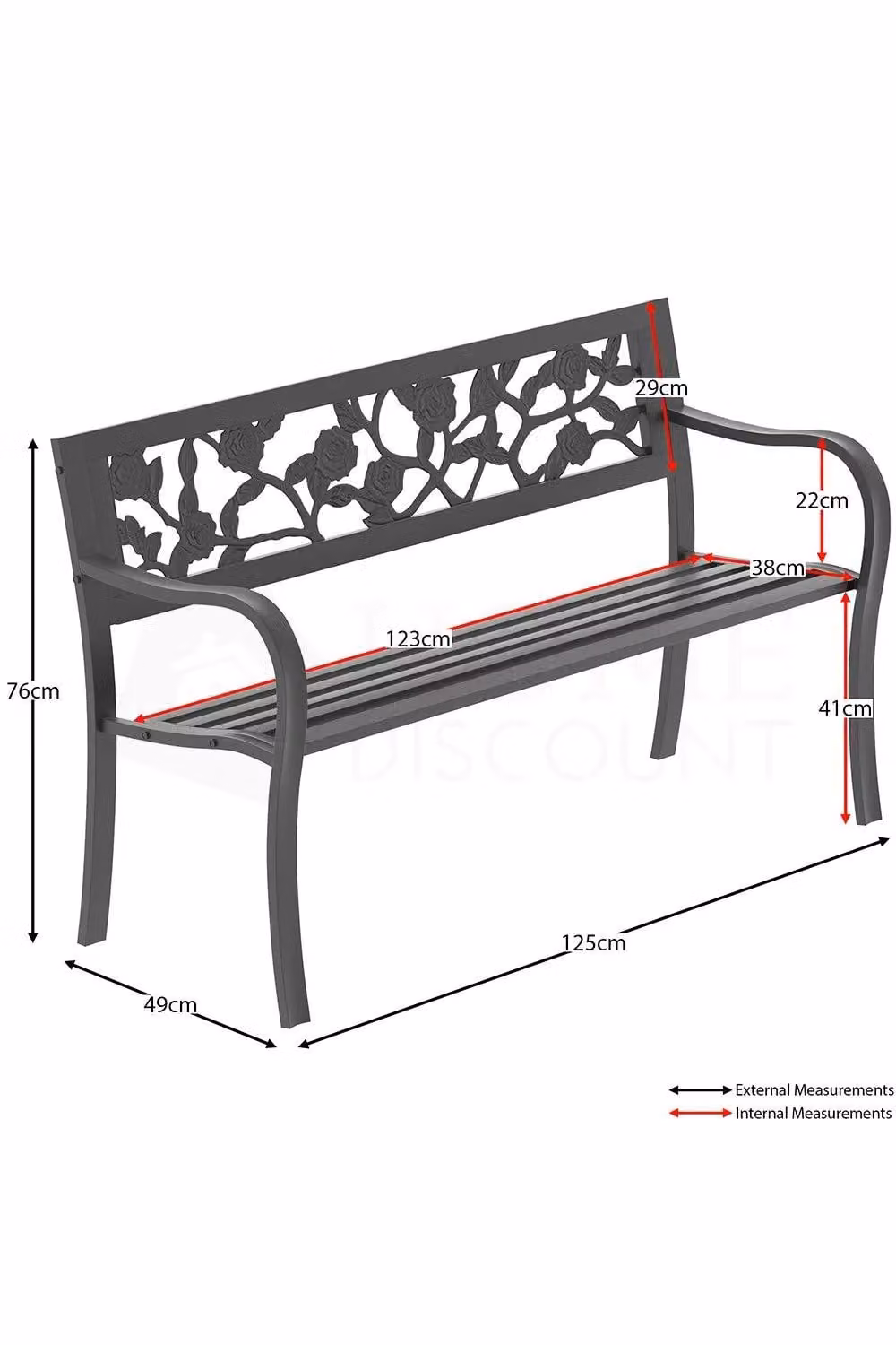 Home Discount Vida 3 Seater Steel Garden Bench with Rose Floral Design in Matt Black – 2