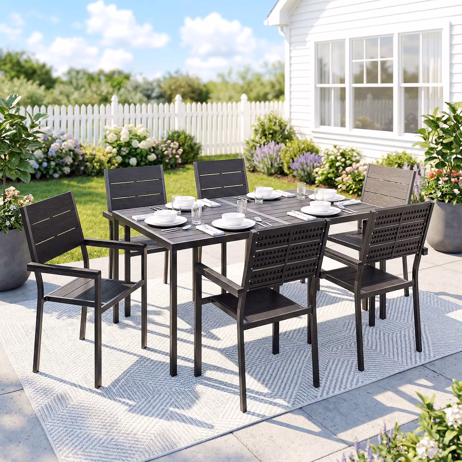 Outsunny 7 Piece Outdoor Dining Set with Rectangular Composite Slatted Tabletop and Chairs for Garden and Terrace – 2