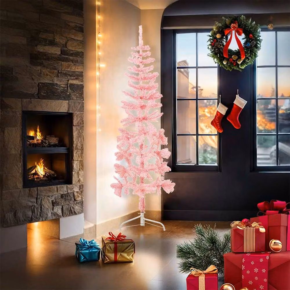 Berkfield Home Slim Artificial Half Christmas Tree with Stand, Pink, Height: 180 cm – 2