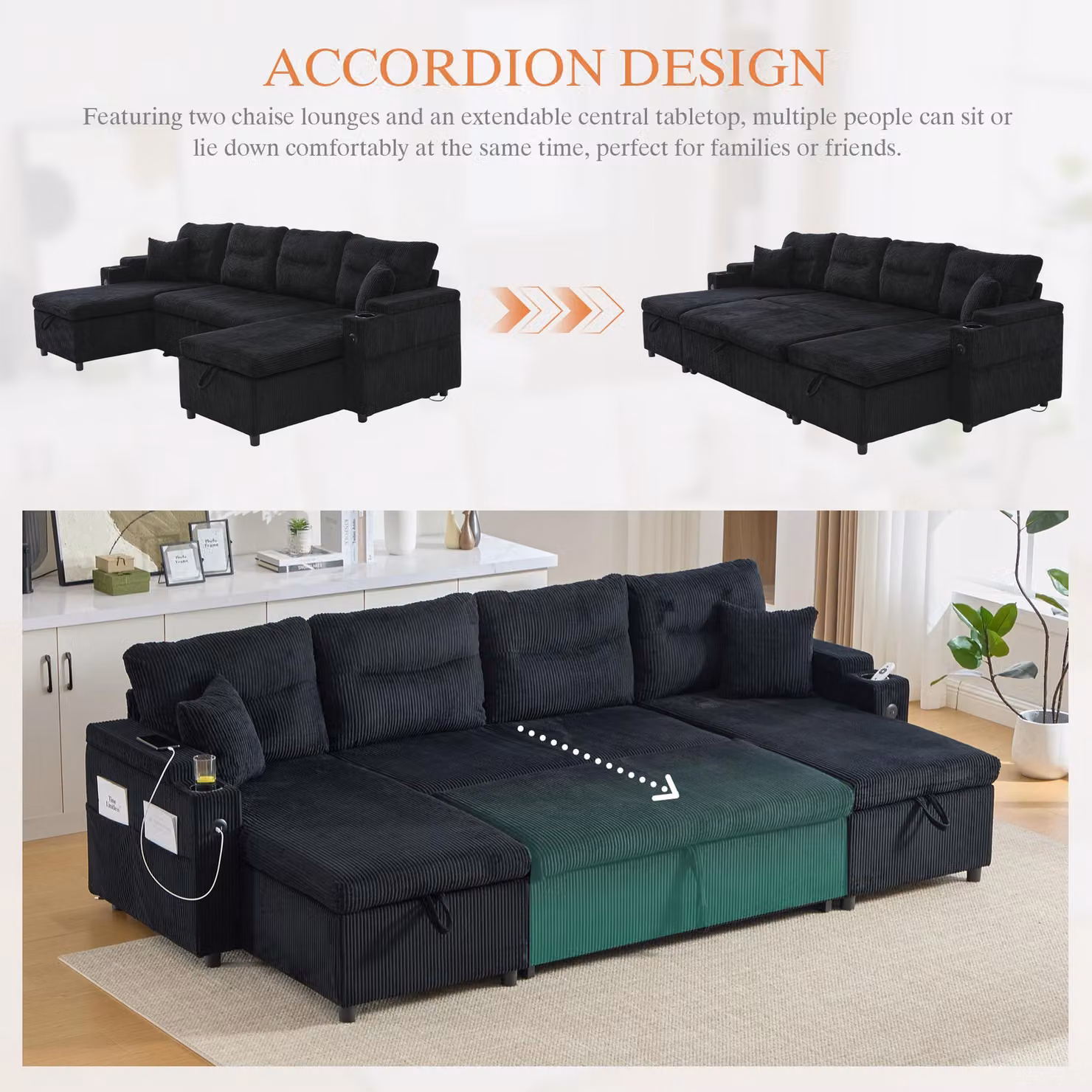 Aosom UK Contemporary 4-Seater U-Shaped Sofa with 2 Chaise Longues in Black Ribbed Corduroy featuring Built-in Cup Holders, USB Charging and Sleeping Function, W: 272 cm, D: 136 cm, H: 86 cm – 4