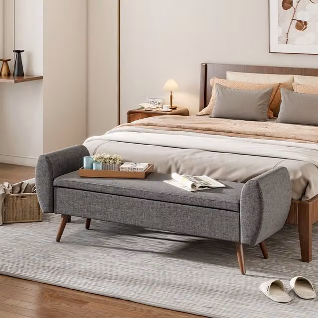 Livingandhome Mid-Century Linen Upholstered Storage Bench in Grey