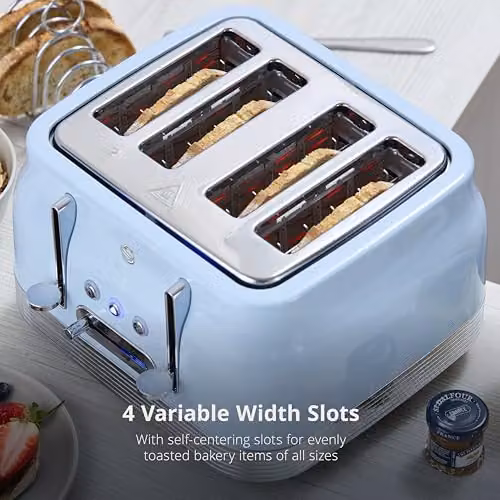 Swan Retro Kitchen Set in Blue, featuring a 1.7L Rapid Boil Jug Kettle and a 4 Slice Toaster – 3