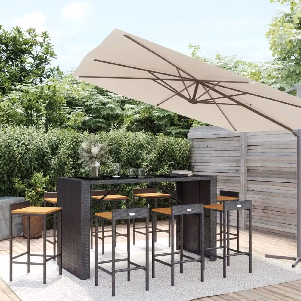 Berkfield Home 9 Piece Black Poly Rattan and Solid Acacia Wood Garden Bar Set – 2