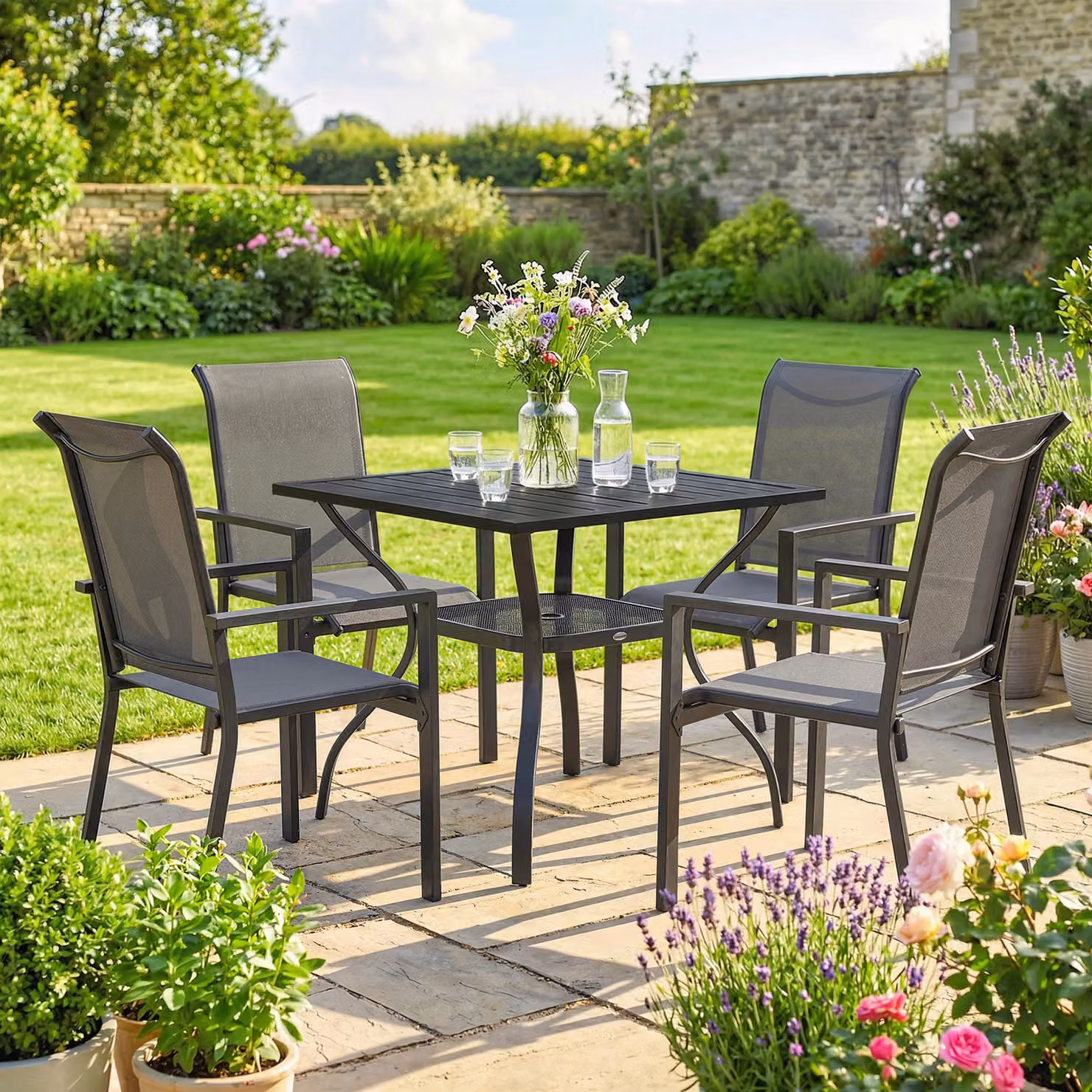 Outsunny 5 Piece Outdoor Dining Set in Grey with Square Table and Stackable Chairs – 6