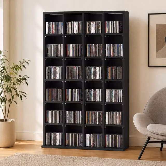 STILVORA Black Matt CD Storage Unit with Adjustable Shelves and Media Compartments, W/D/H: 130.5 x 20.0 x 89.0 cm – 1