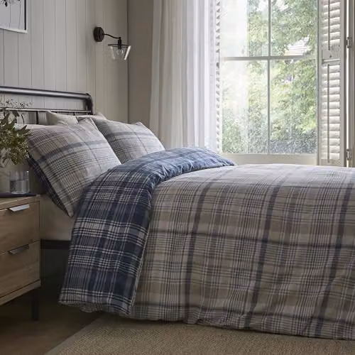 J Rosenthal & Son Custom Checked Flannelette Cotton Duvet Cover and Pillowcase Set in Blue