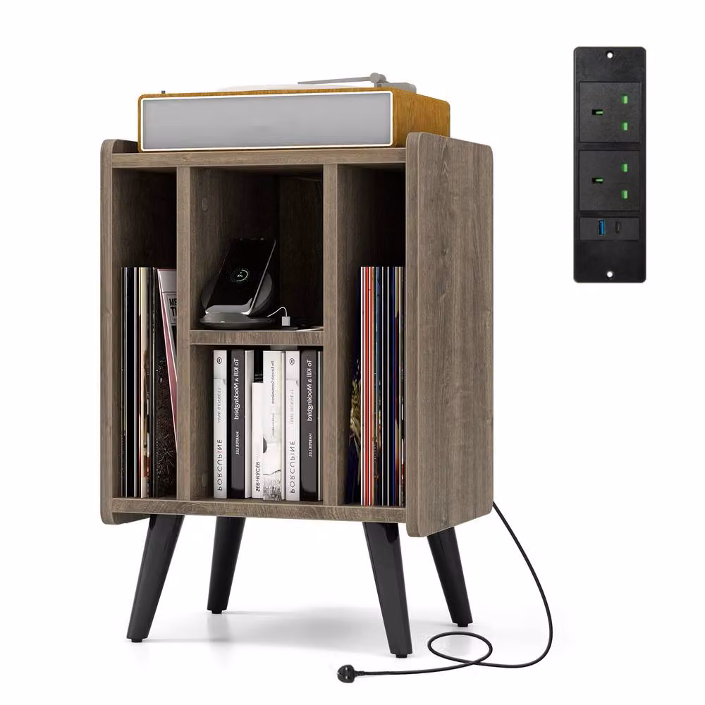 Costway Record Player Stand and Vinyl Record Storage Side Table with Power Outlet in Grey – 2