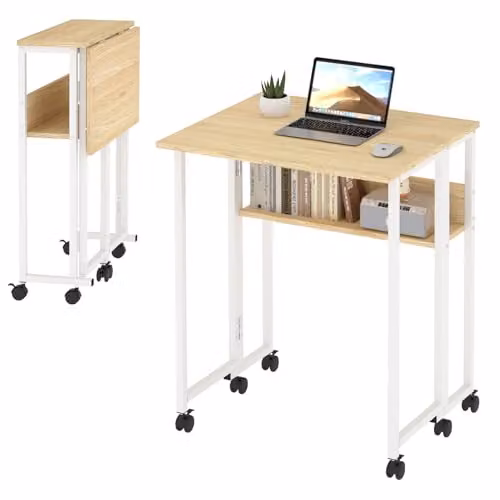 Levede Small Folding Computer Desk with Wheels and Storage Shelf, White and Oak, W: 60 cm, D: 50 cm, H: 75 cm – 1