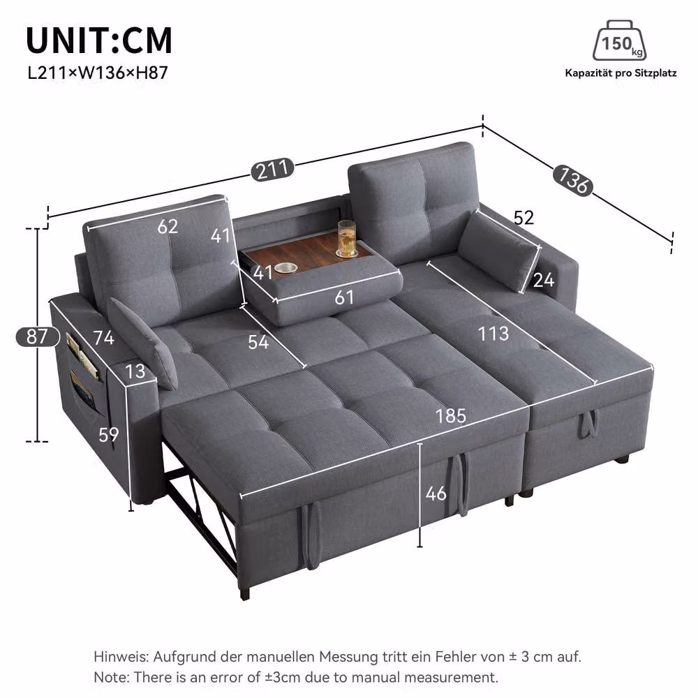 BTM L-Shaped Fabric Sofa Bed in Grey with Pull Out Sleeper, Storage and Cup Holders – 5