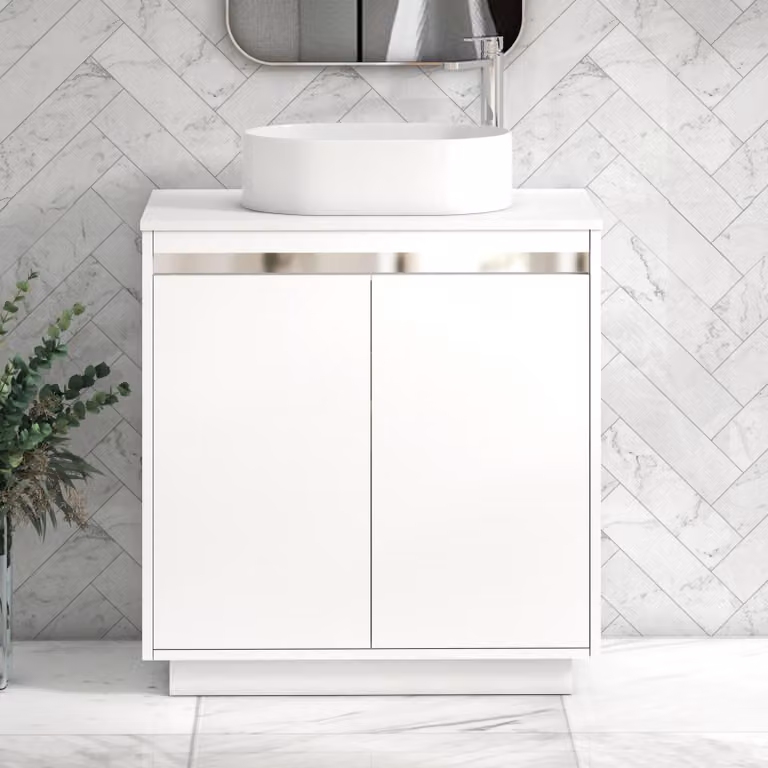 Royal Bathrooms Orion 800mm Matt White Floor Standing 2 Door Vanity Unit with Peak Basin and Chrome Accent Trim
