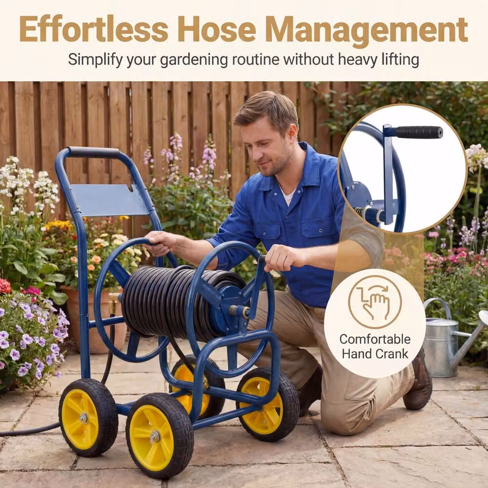 Costway 4-Wheel Garden Hose Reel Cart, Powder-Coated Metal Water Hose Organiser in Blue – 5