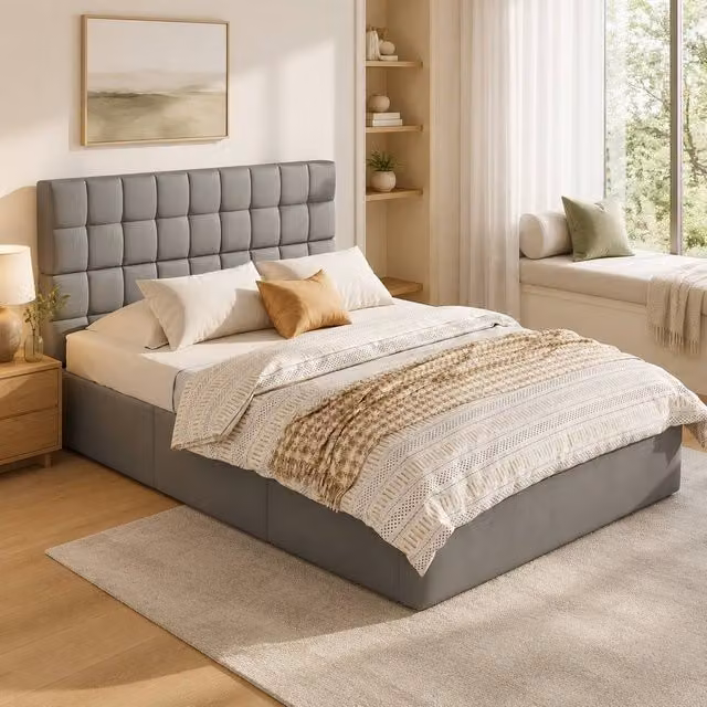 STILVORA Modern Upholstered Double Bed with Storage Drawers in Grey, W/D/H: 140 x 200 cm