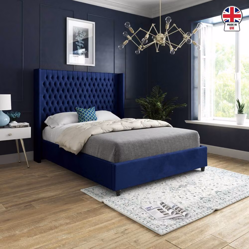 KDMD Wormbridge Winged Upholstered Blue Velvet Designer Bed Frame W/D/H: 144 x 137 x 200 cm – 3