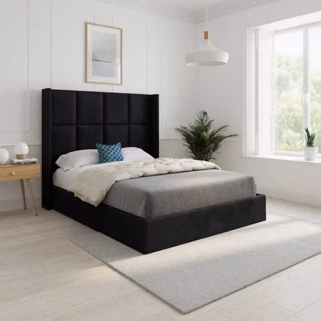 KDMD Stafford Winged Upholstered Designer Bed Frame in Black Soft Velvet, W/D/H: 180 x 137 x 159 cm – 1