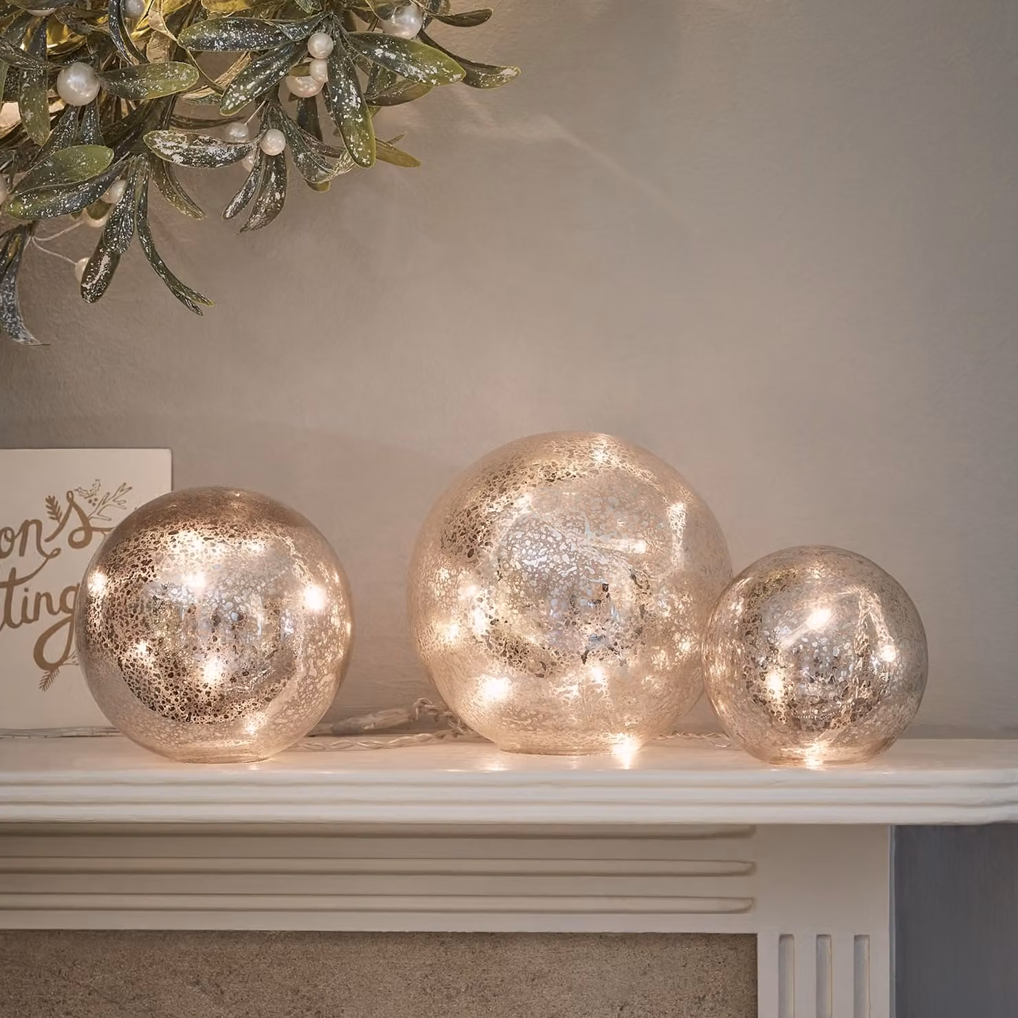 Lights4fun Set of 3 Silver Mercury Glass Crackle Effect Fairy Light Orbs with Remote Control and Timer, Warm White LEDs