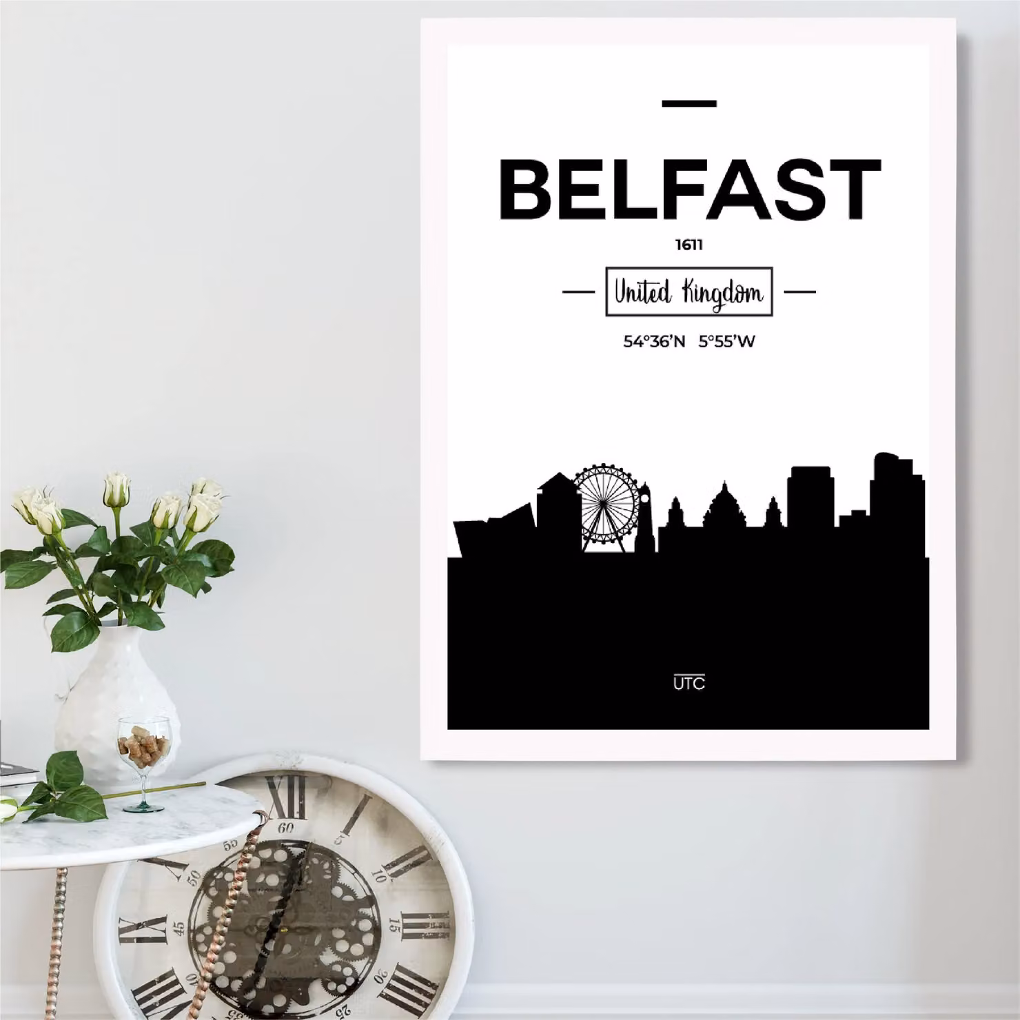 ARTZE Belfast Black and White City Skyline Framed Print, A3, White Frame – 2