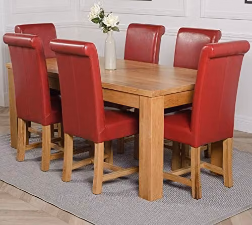 Oak Furniture King Dakota Solid Oak 6 Seater Dining Set with Washington Burgundy Leather Upholstered Chairs, Natural Finish, W: 182 cm, D: 92 cm – 1
