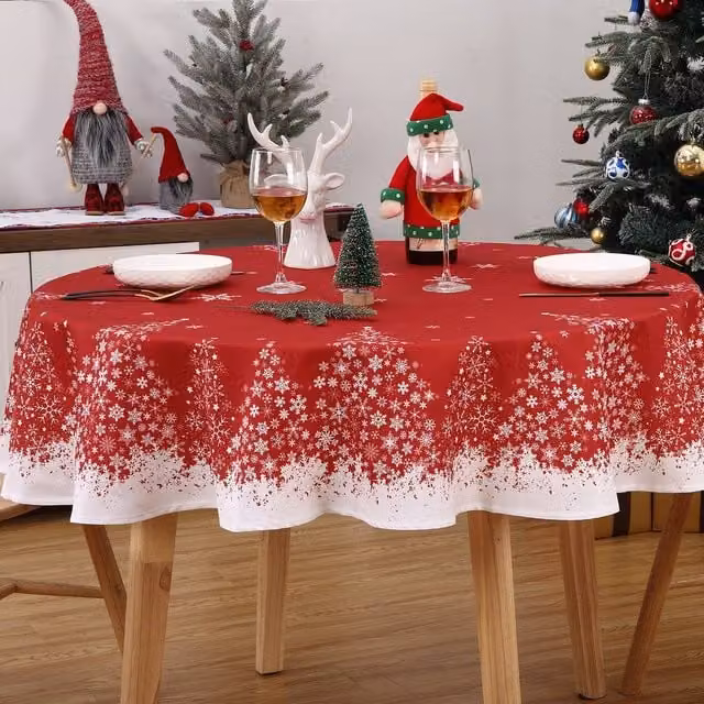 London Boutique Red Floral Christmas Waterproof Round Tablecloth, Diameter: 152.4 cm
