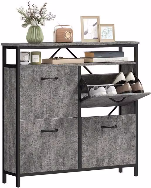 FORGEVIO Industrial Narrow Shoe Cabinet in Cement Grey with 4 Tilting Compartments and Open Shelf