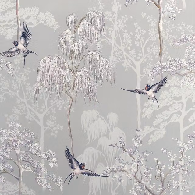Arthouse Oriental Garden Floral Blossoms and Birds Wallpaper in Grey