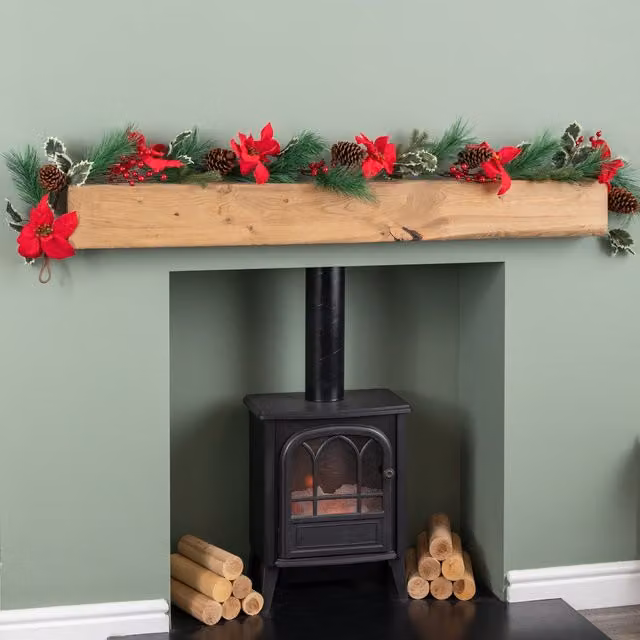 Samuel Alexander 1.8m Red and Green Christmas Poinsettia Garland with Pinecones and Seasonal Foliage
