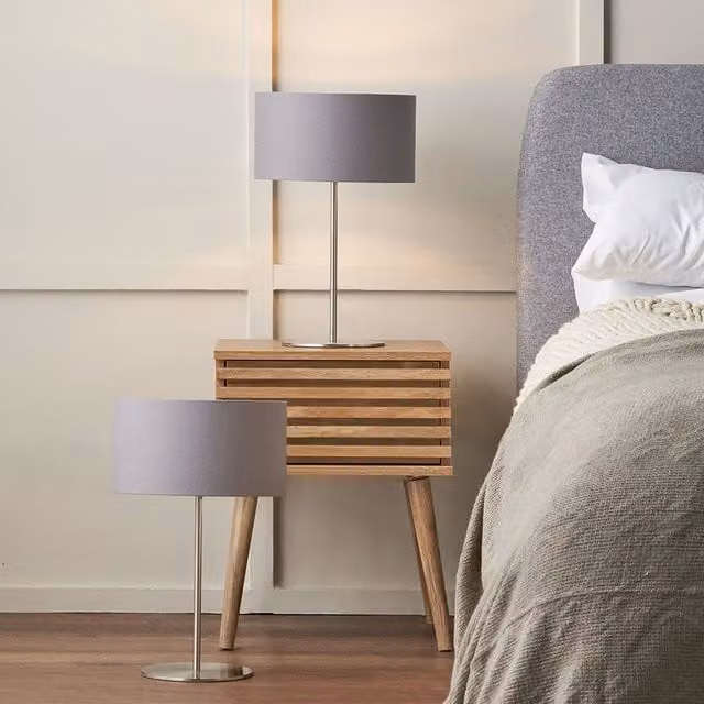 Ruma Set of 2 Elin Modern Table Lamps in Brushed Silver and Steel Grey