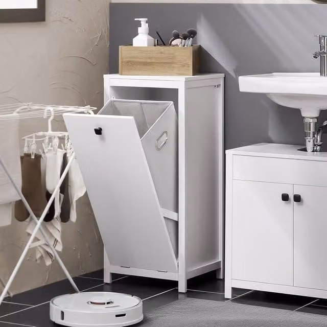 SoBuy Modern White Wooden Laundry Chest and Bathroom Cabinet with Laundry Basket