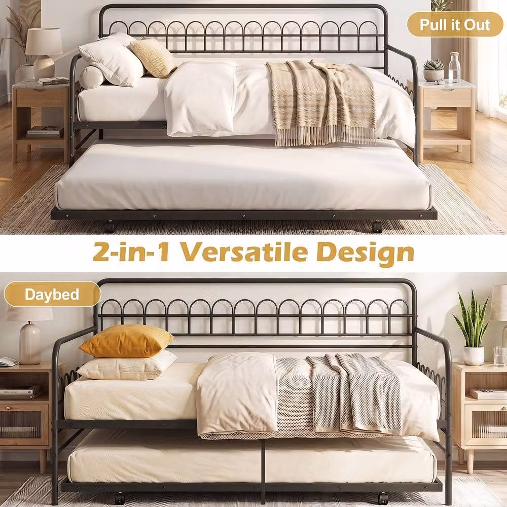 Costway Single Metal Daybed with Trundle and Curved Backrest in Black – 4