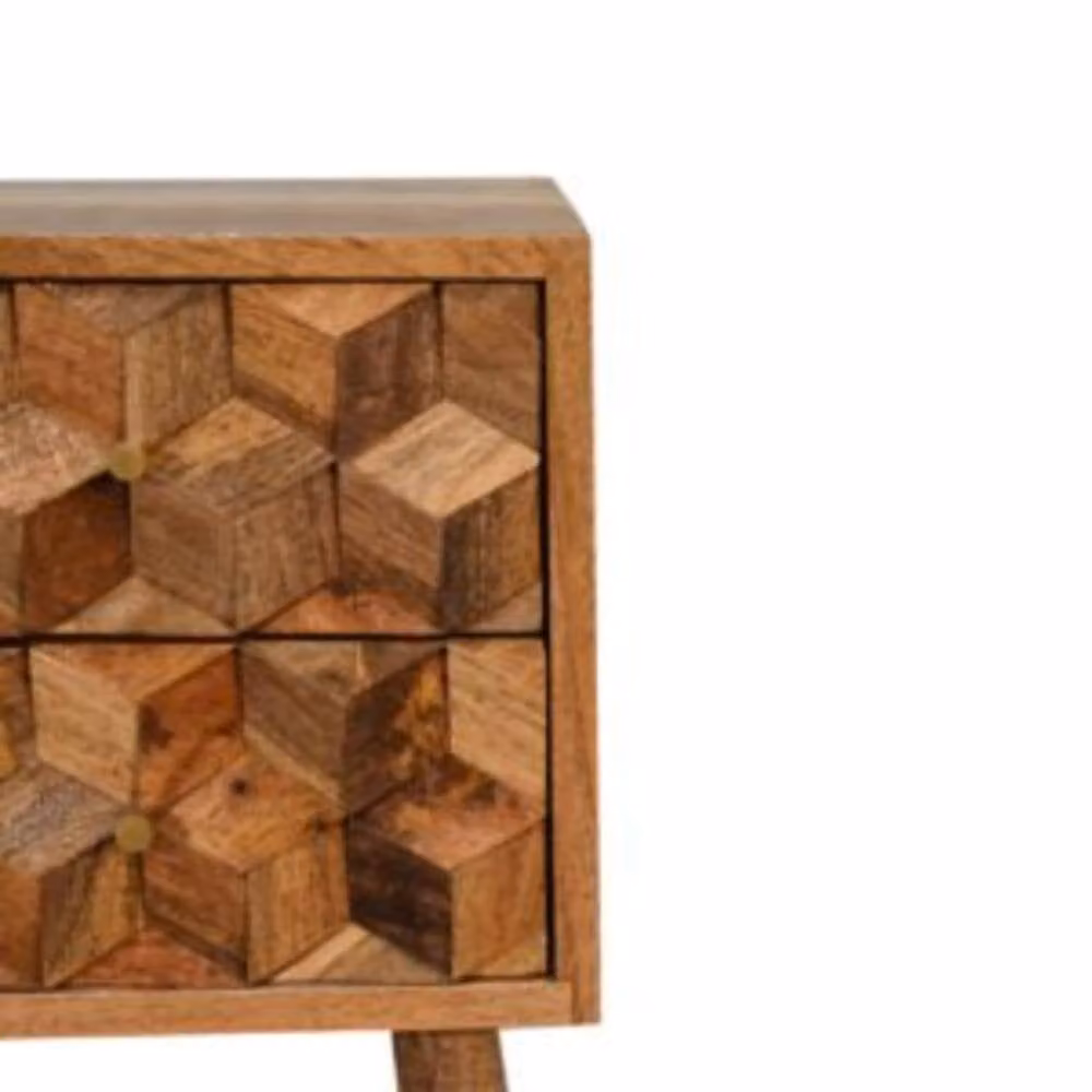 Wyld Haus Banyuls Mini Cube Carved 2 Drawer Bedside Table in Brown Mango Wood – 3