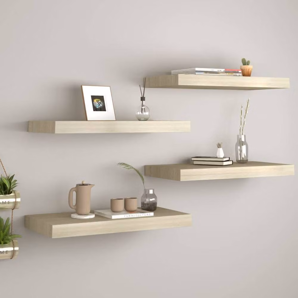 Berkfield Home Set of 4 Durable Floating Wall Shelves in Light Oak, W/D/H: 60 x 23.5 x 3.8 cm – 2