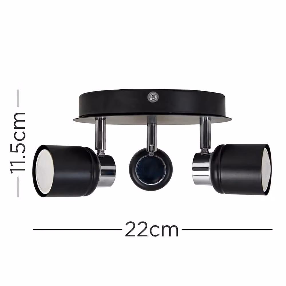 ValueLights MiniSun 3 Way Round Plate Ceiling Spotlight in Black and Polished Chrome with Warm White LED Bulb, IP44 Rated for Bathroom Use – 3