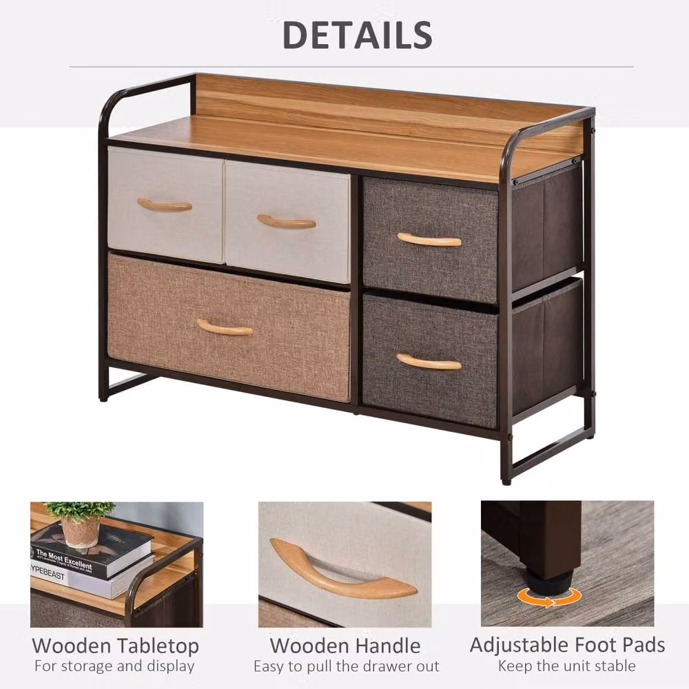 Wyld Haus Zini Brown 5 Drawer Dresser with Steel Frame and Wood Effect Top – 5