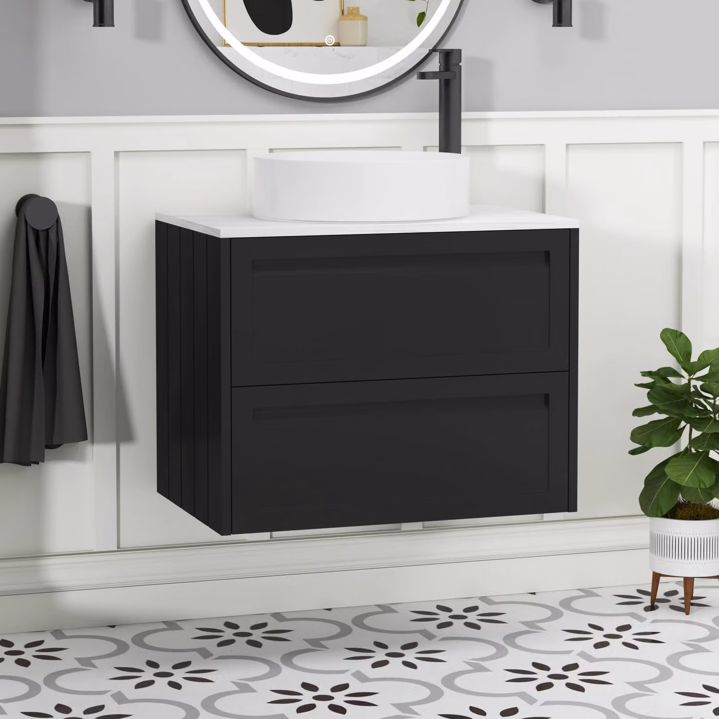 Royal Bathrooms Elmore 700mm Wall Hung 2 Drawer Vanity Unit in Matt Nocturne Black with Carrara White Worktop