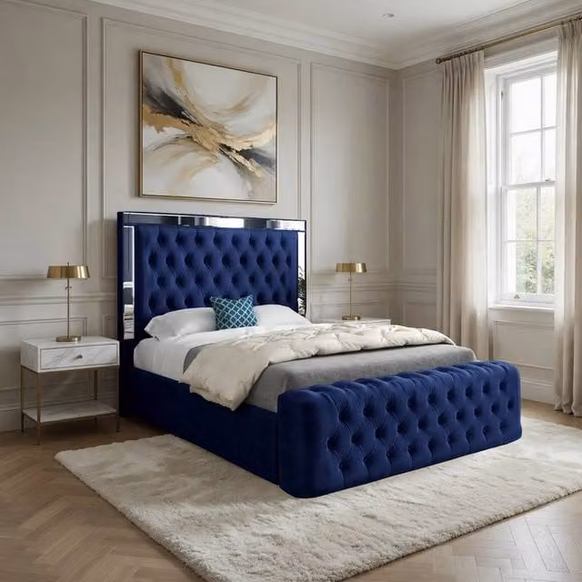 Casani Loweswater Small Single Designer Bed Frame in Blue Soft Velvet with Mirror Details