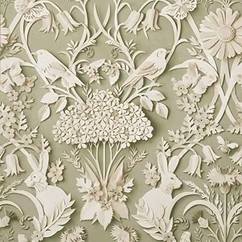 YöL Sage Green Woodland Floral Nature Wallpaper with Animals and Butterflies