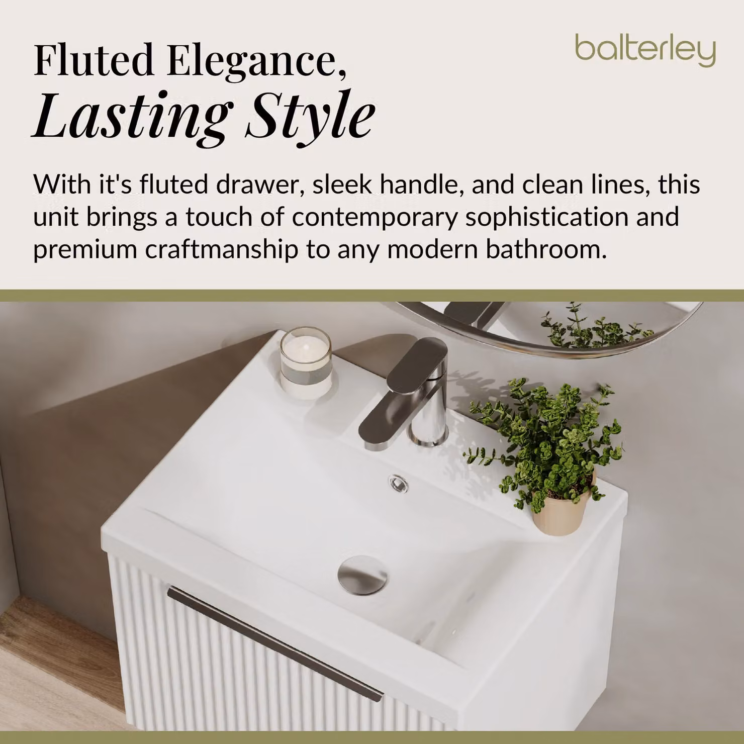 Balterley Fluted Wall Hung 1 Drawer Vanity Basin Unit and Basin, Satin White, Width: 50 cm – 2