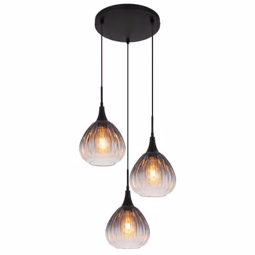 Globo Lighting Modern Pendant Lamp with Transparent Grey Glass and Black Metal, 3x E27, H 120 x W 44 x D 44 cm