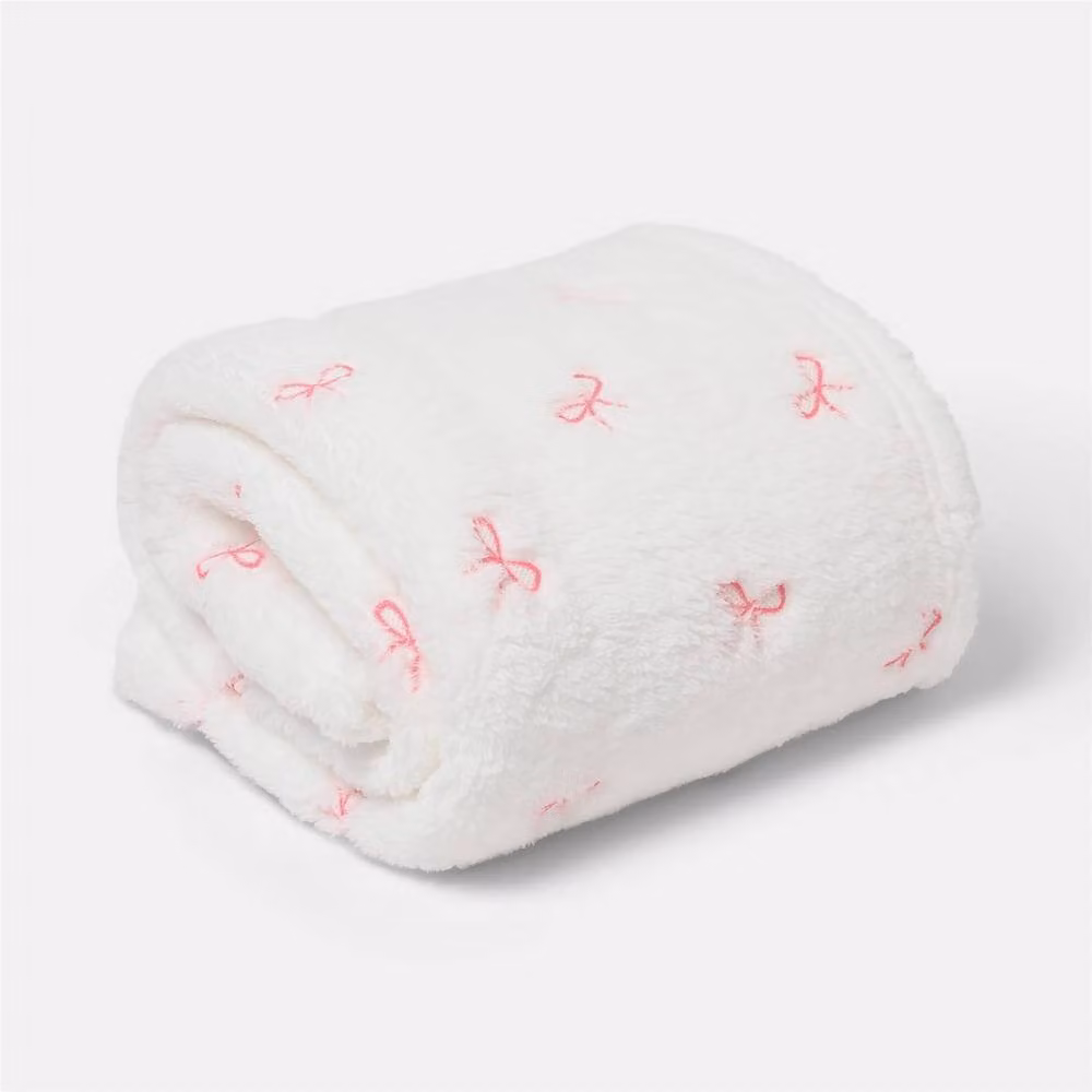 OHS Bow Embossed Ultrasoft Fleece Throw Thermal Blanket in White, W: 125 cm, L: 150 cm – 2