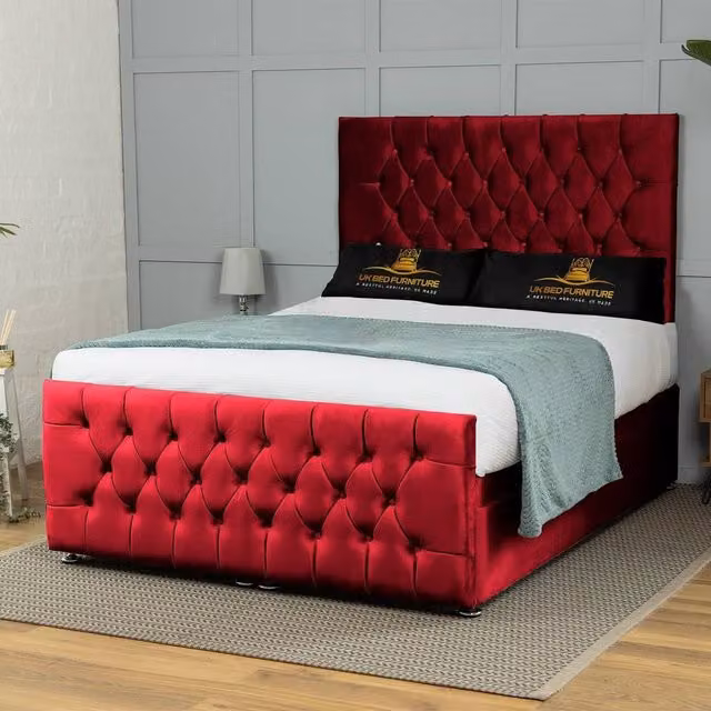 UK Bed Furniture Winchester End Lift Divan Ottoman Bed with 54 Inch Headboard in Red Velvet, Super King, W/D/H: 200 x 220 cm