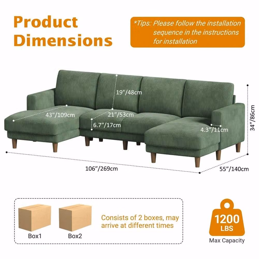 Dprodo Green U-Shaped Sectional Sofa with Solid Wood Frame and Scatter Cushions – 3