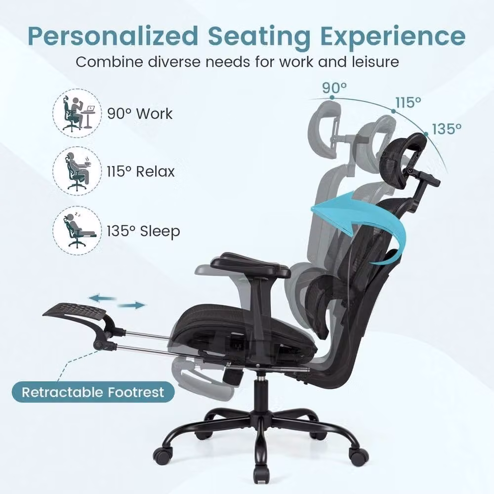 EONLION Ergonomic Mesh Office Chair with Footrest and Headrest in Black – 4