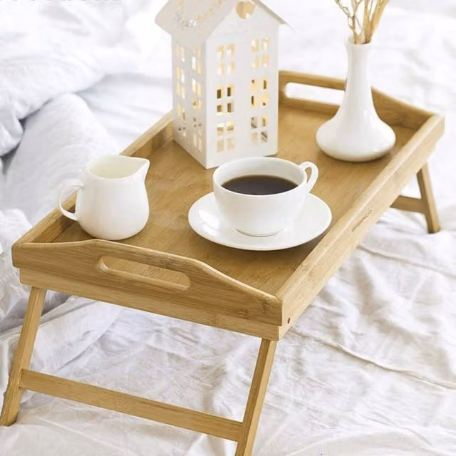 MantraRaj Solid Bamboo Wooden Food Serving TV Tray with Handles and Folding Legs, Brown