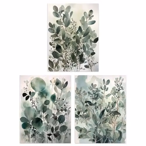 Artery8 Set of 3 Sage Green Botanical Eucalyptus Leaves Watercolour Boho Wall Art Paper Poster Prints, W: 21.0 cm, H: 29.7 cm