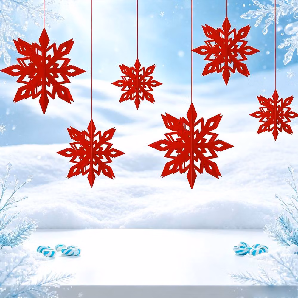 Lovii 6-Piece Red 3D Snowflake Hanging Paper Decorations for Christmas and Winter Parties – 2